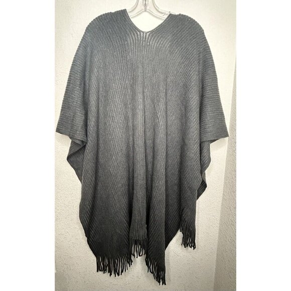 Loft Sweater Wrap Poncho Open Front Gray Knit Fringe One Size Lightweight Office - Picture 2 of 3